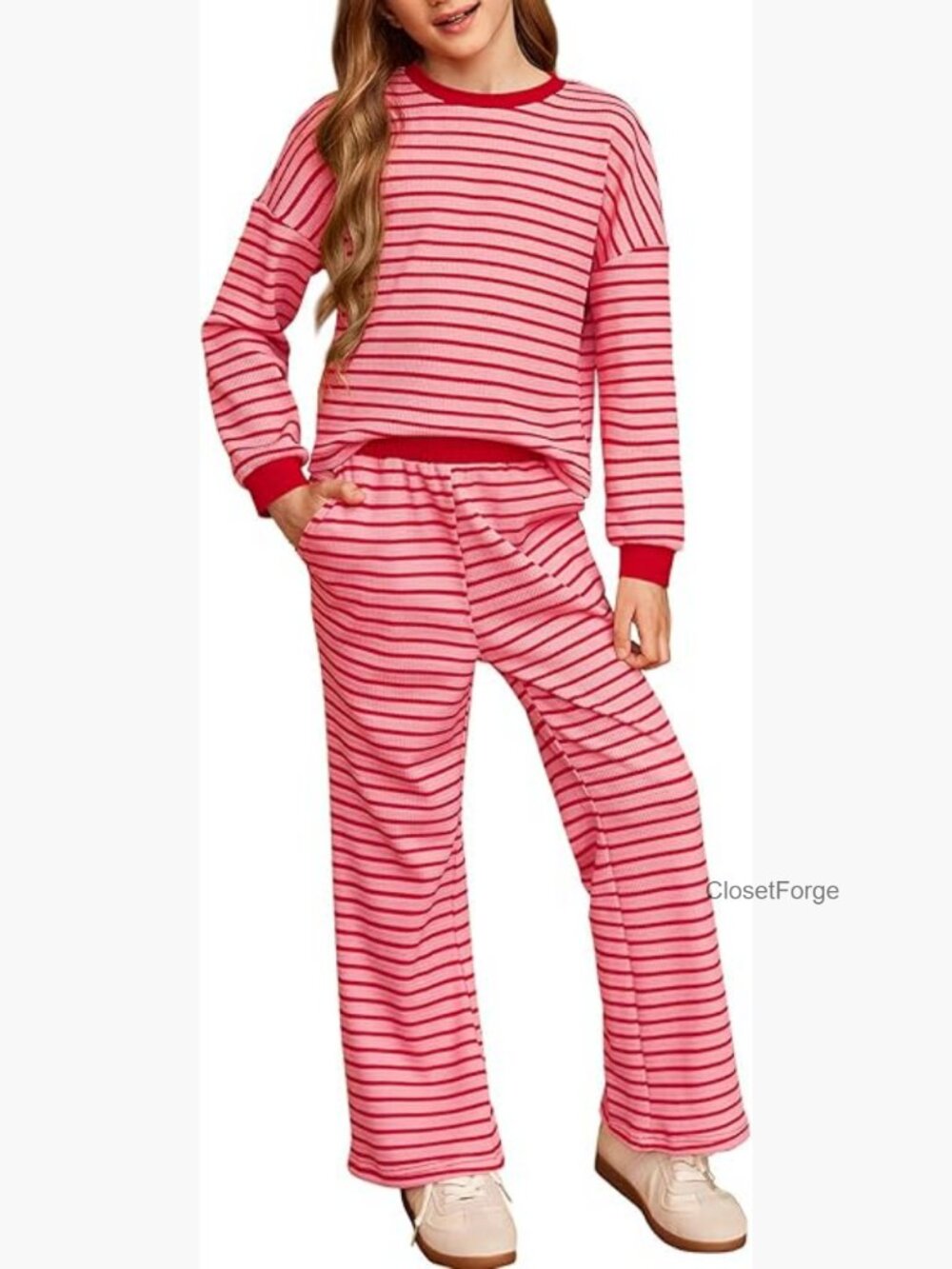 Girls Striped Waffle Sweatsuit Set Long Sleeve Flare Pants